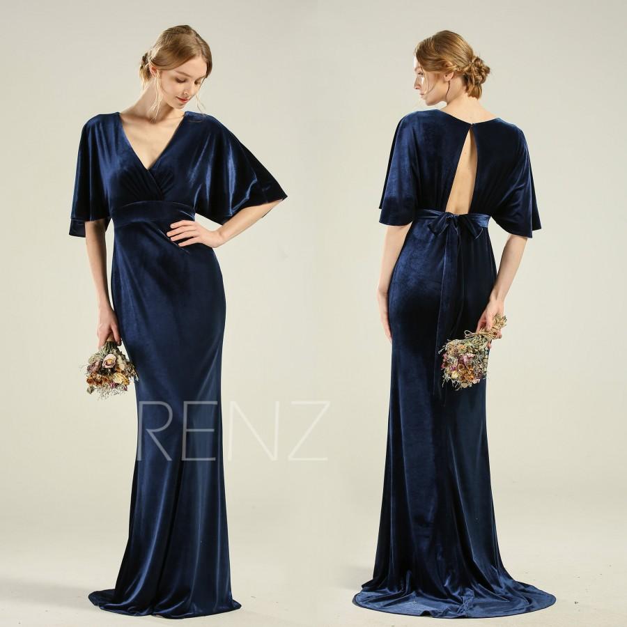 Hochzeit - Mother of the Bride Dress Navy Blue Velvet Dress Long Sleeve V Neck Mermaid Dress with Train (HV791)