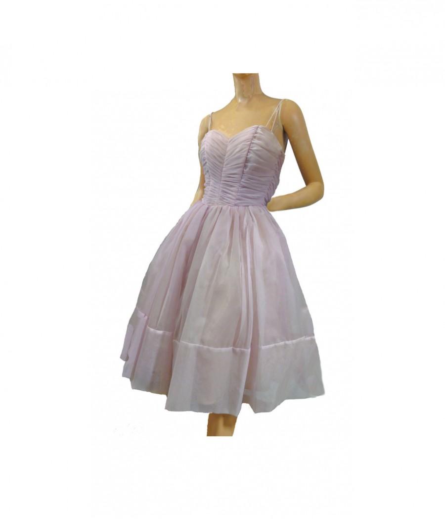 زفاف - Vintage 50s Prom Gown Orchid Pink Sheer Chiffon Full Skirt Sweetheart Neckline Spaghetti Straps Ruching Size Small