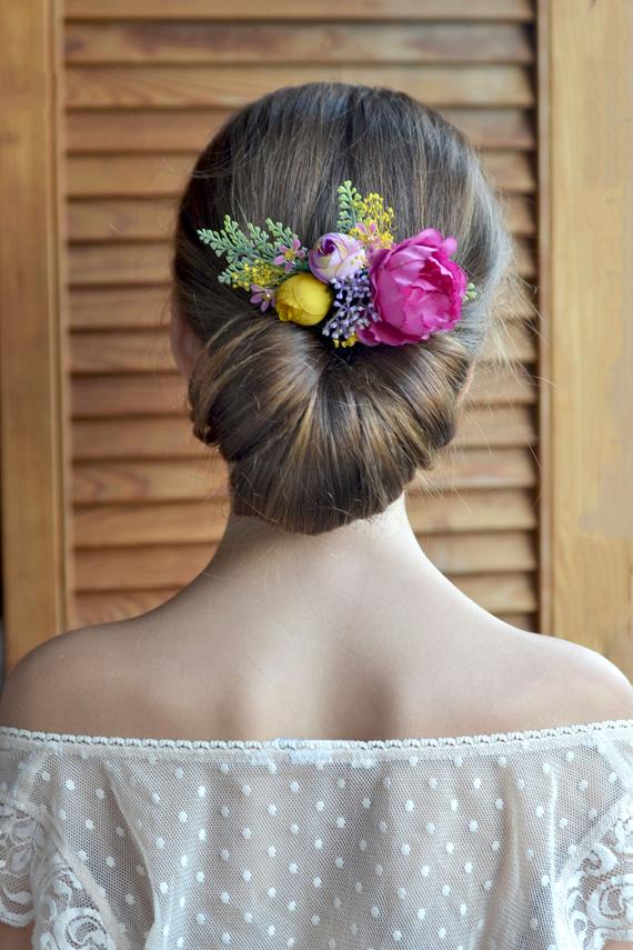 زفاف - Purple yellow flower comb, Floral hair piece back, Floral hair comb wedding boho, Flowers hair, Bridal headpiece flowers, Purple peony hair