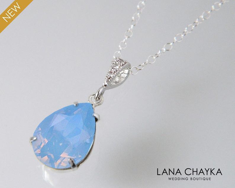 Mariage - Blue Opal Crystal Necklace, Swarovski Air Blue Opal Pastel Blue Sky Sterling Silver Necklace Bridal Bridesmaid Blue Necklace Wedding Jewelry