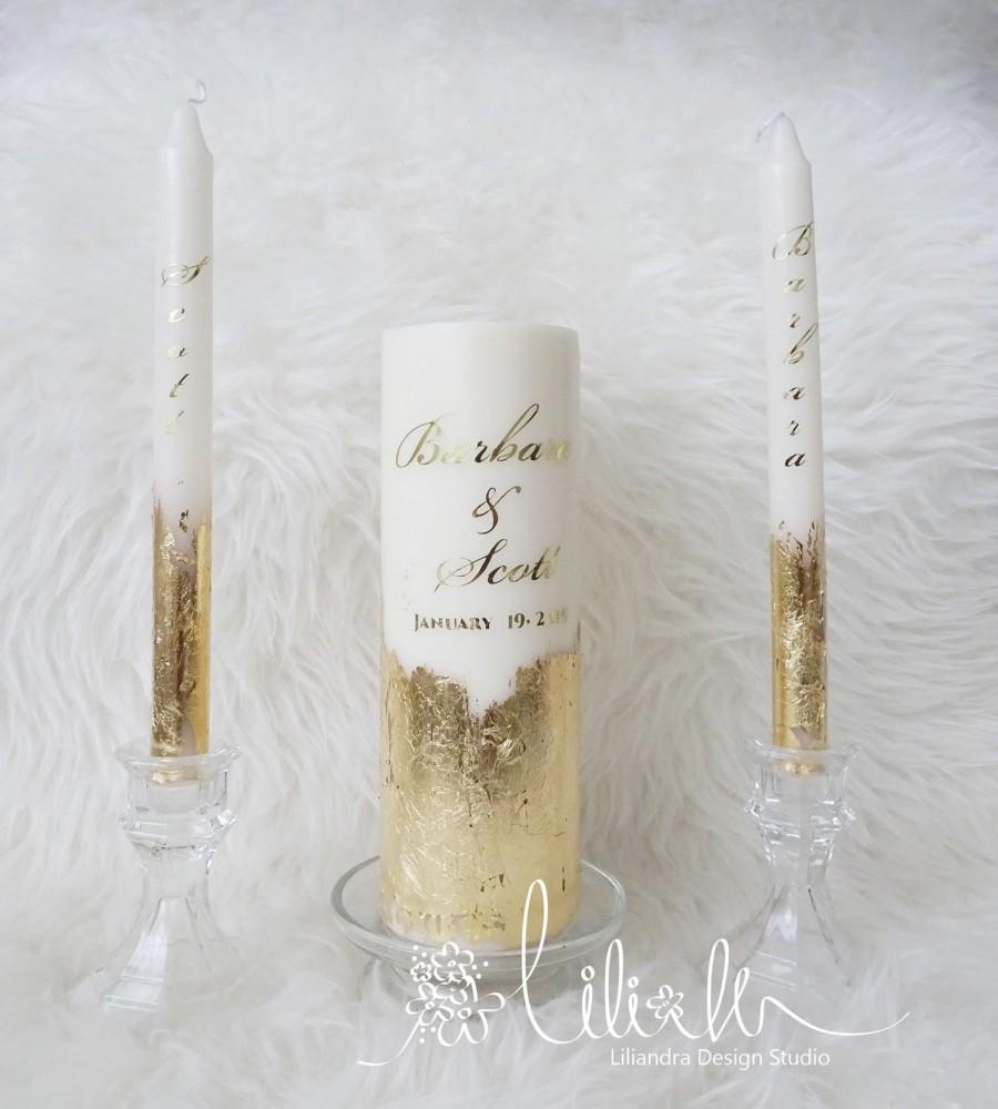 Mariage - Unity candle set, Gold Wedding Candle, Modern Personalized candle, elegant, gold leaf, Simple, Perfect gift
