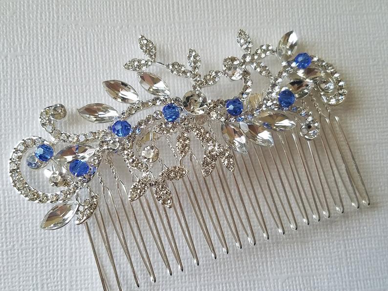 Wedding - Crystal Bridal Hair Comb, Crystal Blue Hair Piece, Wedding Headpiece, Sapphire Silver Comb, Bridal Floral Hair Piece, Sparkly Hair Jewelry