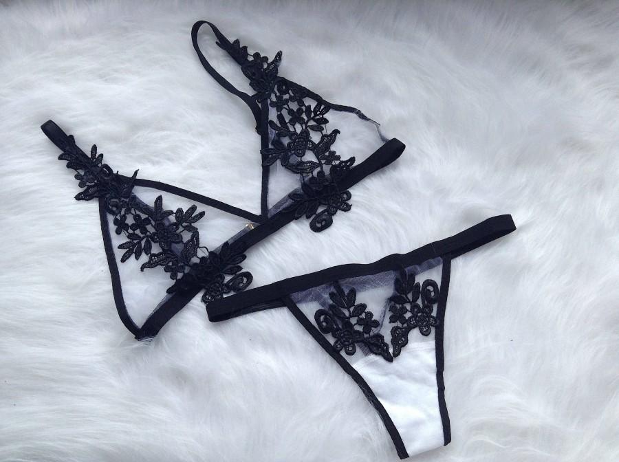 Hochzeit - Lily Black floral lace applique lingerie set sheer lingerie set