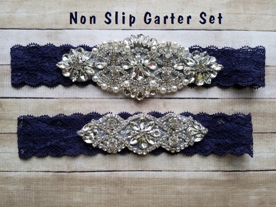 زفاف - Sale -Wedding Garter and Toss Garter-Crystal Rhinestone - Navy Blue Garter Set - Style G37000CR