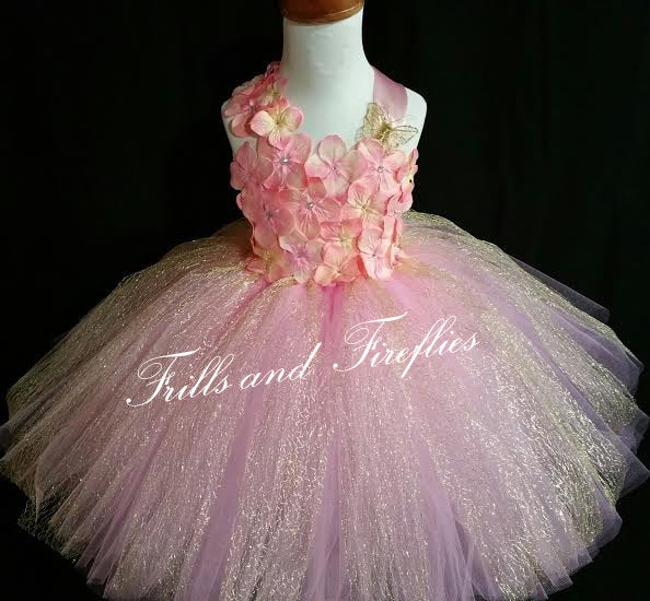 Wedding - Gold and Pink Flower Girl Dress- Flowergirl Dress, Gold and Pink Fairy Dress..Size 1t, 2t, 3t, 4t, 5t, 6, 7, 8, 10