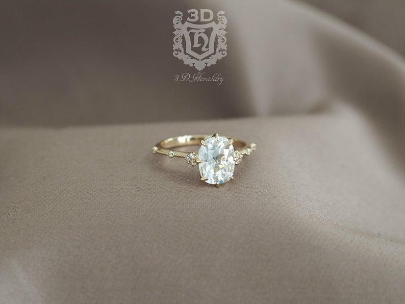 Hochzeit - Elongated cushion antique cut Moissanite engagement ring with diamonds made in your choice of solid 14k yellow, white, or rose gold
