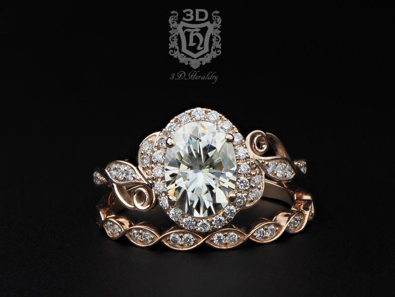 زفاف - Halo Engagement ring, Floral engagement ring with Oval Moissanite and natural diamonds made with 14k rose gold