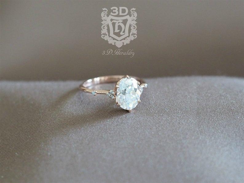 زفاف - Oval Antique cut Moissanite ring, Moissanite engagement ring with diamonds made in your choice of solid 14k yellow, white, or rose gold
