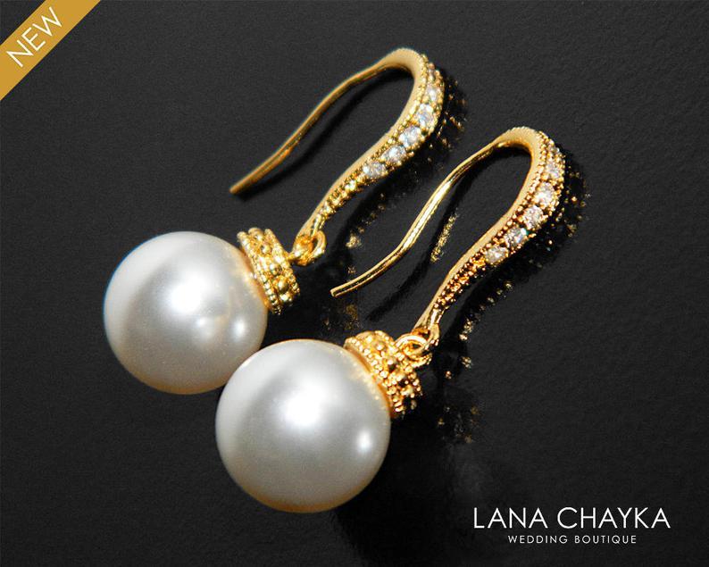 Mariage - White Pearl Gold Earrings, Pearl Drop Wedding Earrings, Swarovski 10mm Pearl Earrings, Pearl Dangle Earrings Bridal Bridesmaid Pearl Jewelry