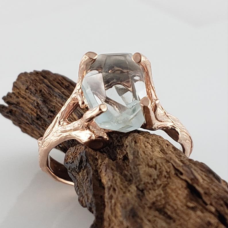 Wedding - 2.5 carat Aquamarine Engagement Ring in 14k Rose Gold - Unique Engagement Ring - Gemstone Wedding Ring - Raw Aquamarine Ring