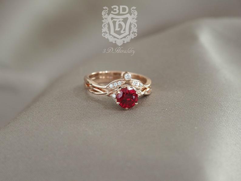 زفاف - Ruby ring set , Ruby engagement ring set , Floral ruby and diamond ring set made in your choice of solid 14k yellow, white, or rose gold