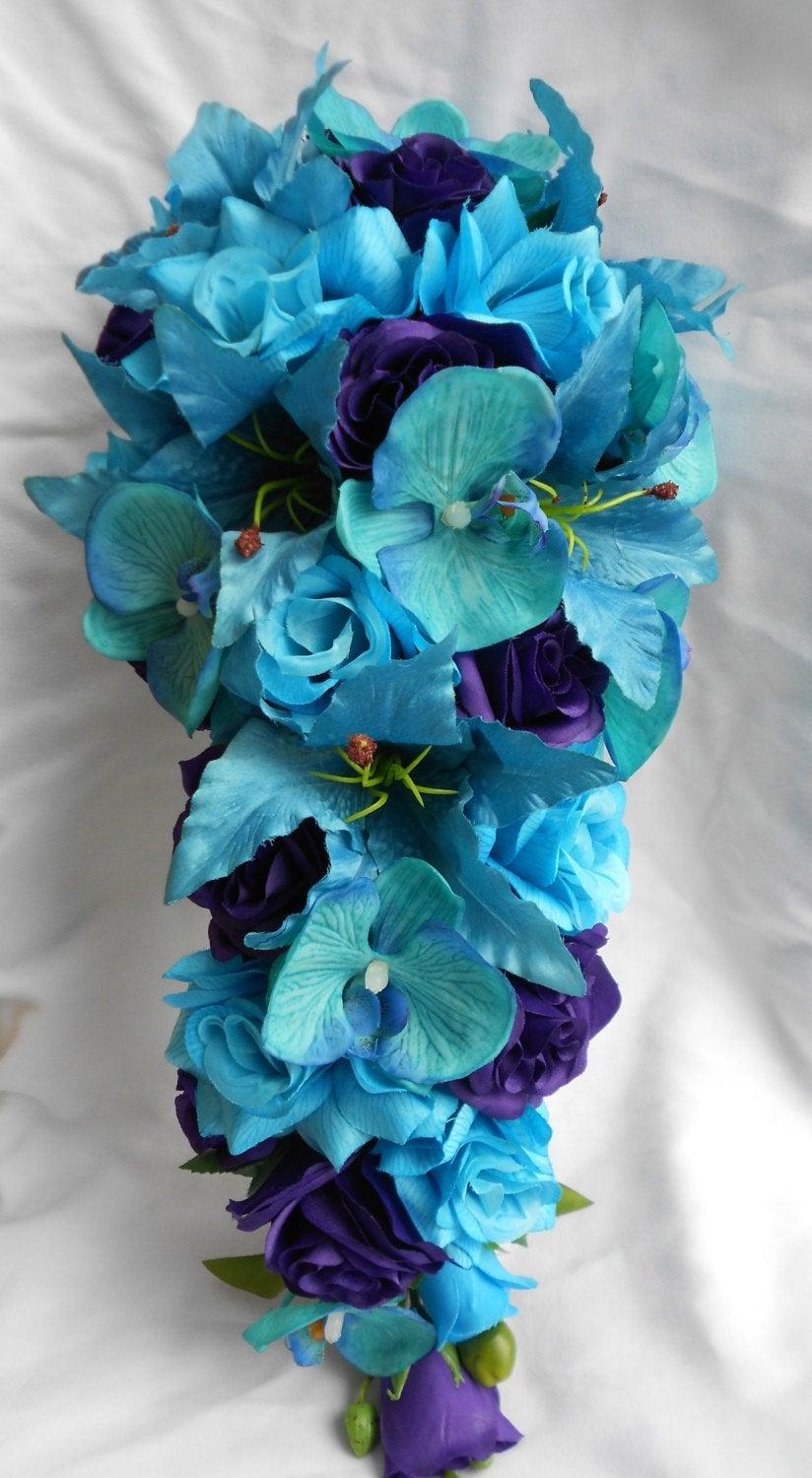 زفاف - Turquoise blue and royal purple bouquet , roses , lilies and orchids 4 pieces