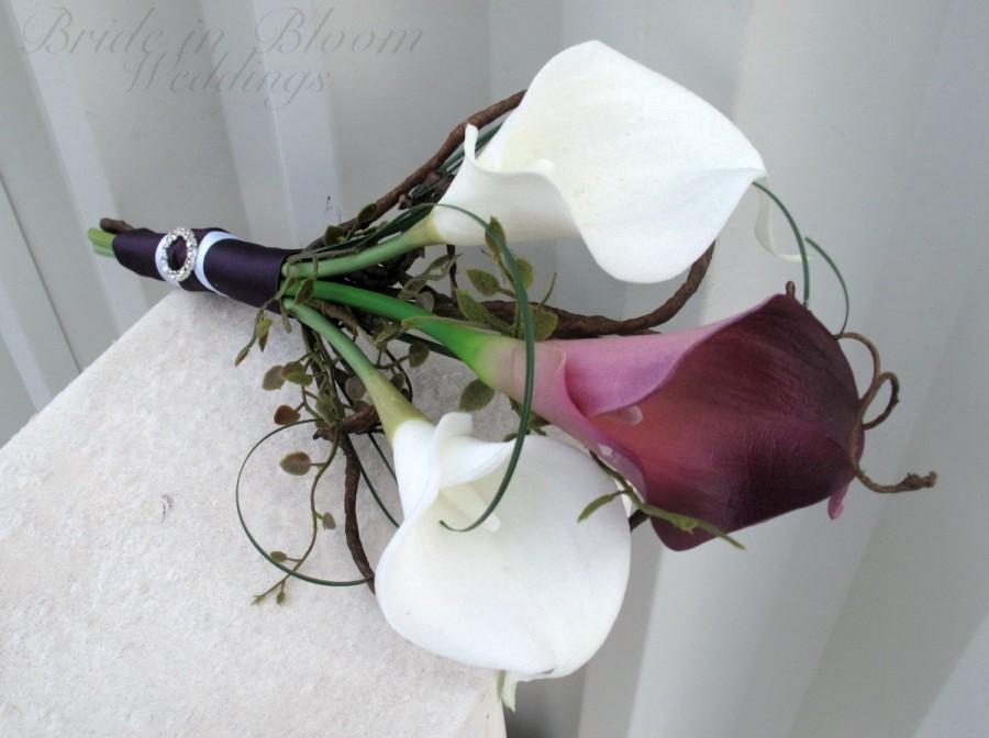 Wedding - Bridal bouquet, Plum and white Bridesmaid bouquet, Real touch wedding flowers, Calla lily bouquet