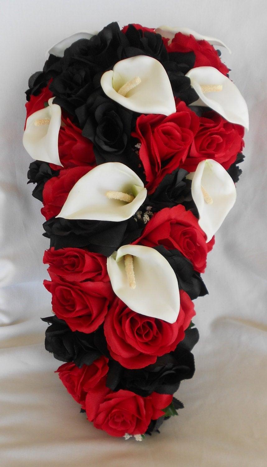 Hochzeit - Bridal wedding bouquet black and red with white callas silk