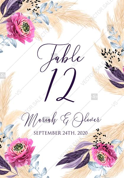 Hochzeit - Pampas grass table place card wedding invitation set pink peony flower pdf custom online editor 3.5x5 in