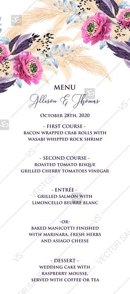 Wedding - Pampas grass menu wedding invitation set pink peony flower pdf custom online editor 4x9 in