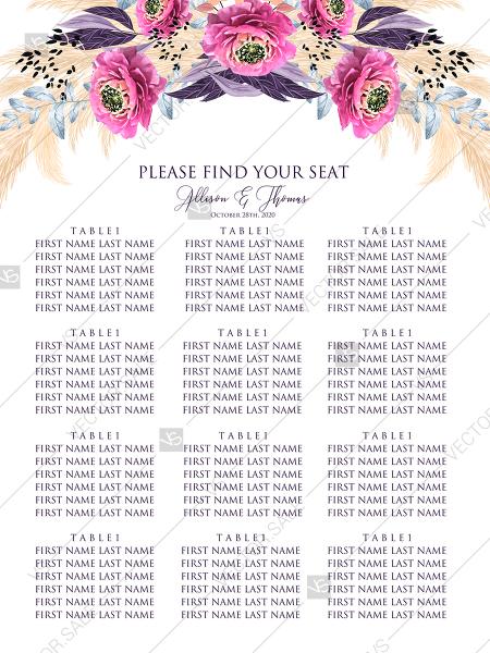 Wedding - Pampas grass seating chart wedding invitation set pink peony flower pdf custom online editor 18x24 in