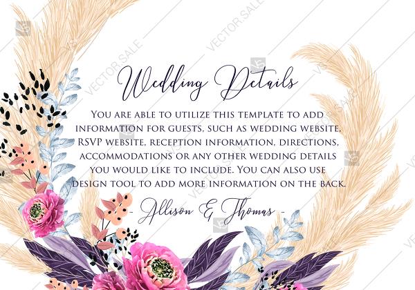 Mariage - Pampas grass details card wedding invitation set pink peony flower pdf custom online editor 5x3.5 in