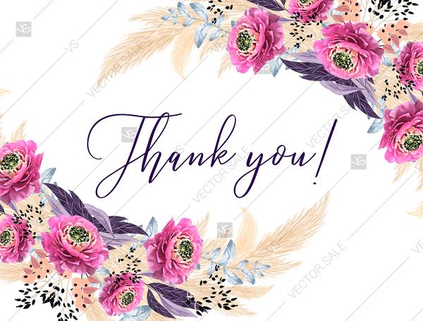 Свадьба - Pampas grass thank you card wedding invitation set pink peony flower pdf custom online editor 5.6x4.25 in