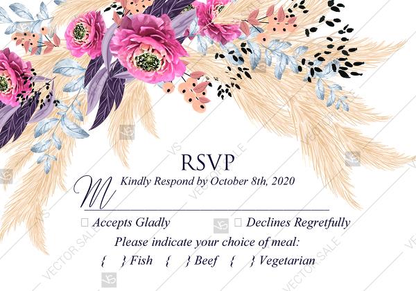 Hochzeit - Pampas grass rsvp wedding invitation set pink peony flower pdf custom online editor 5x3.5 in