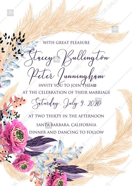Hochzeit - Pampas grass wedding invitation set pink peony flower pdf custom online editor 5x7