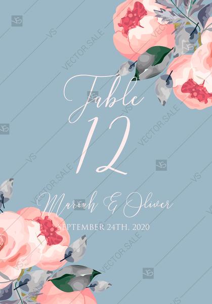 Hochzeit - Peony table place card floral watercolor card template online editor pdf 3.5x5 in