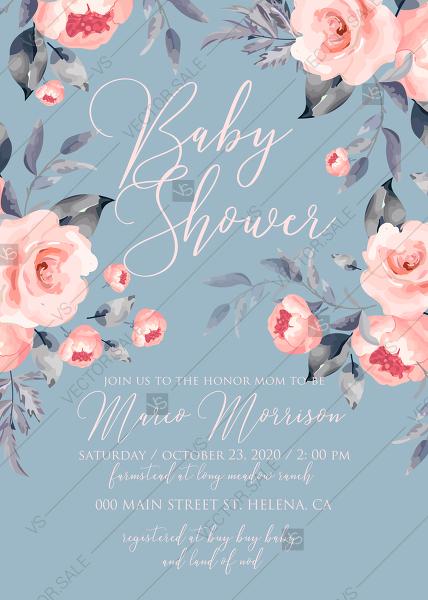 Hochzeit - Peony baby shower invitation floral watercolor card template online editor pdf 5x7 in