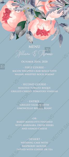 Свадьба - Peony menu card template floral watercolor card template online editor pdf 4x12 in