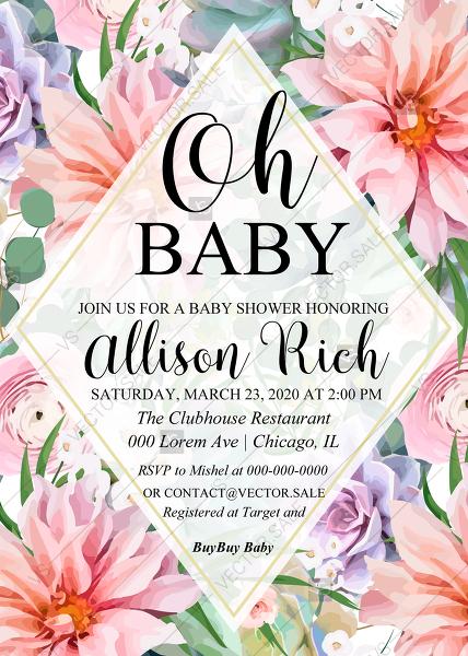 Hochzeit - Oh Baby shower invitation pink garden rose peach chrysanthemum succulent greenery PDF 5x7 in edit online