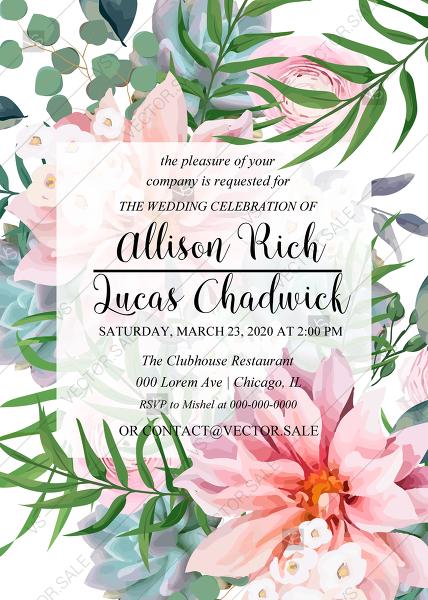 Hochzeit - Engagement shower invitation pink garden rose peach chrysanthemum succulent greenery PDF 5x7 in edit online