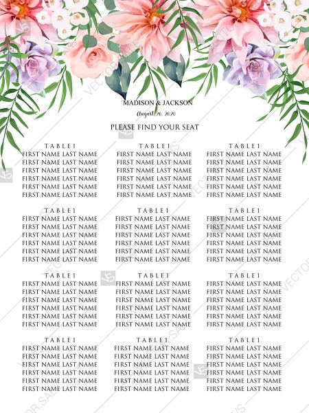 Hochzeit - Seating Chart pink garden rose peach chrysanthemum succulent greenery PDF 18x24 in edit online