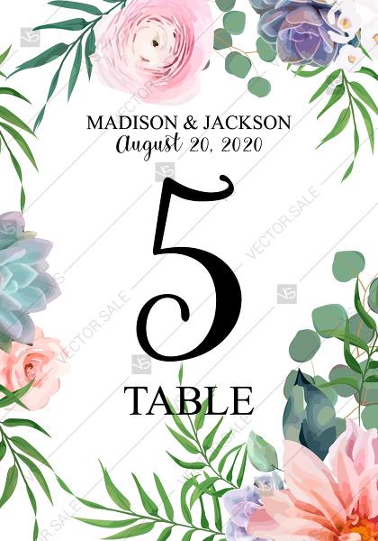 Wedding - Table card pink garden rose peach chrysanthemum succulent greenery PDF 3.5x5 in edit online