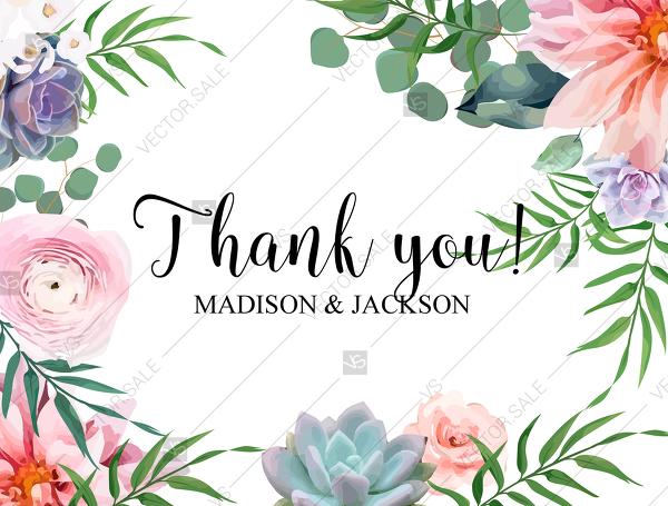 Свадьба - Thank you card pink garden rose peach chrysanthemum succulent greenery PDF 5.6x4.25 in edit online