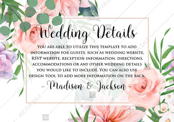 Hochzeit - Wedding details card pink garden rose peach chrysanthemum succulent greenery PDF 5x3.5 in edit online