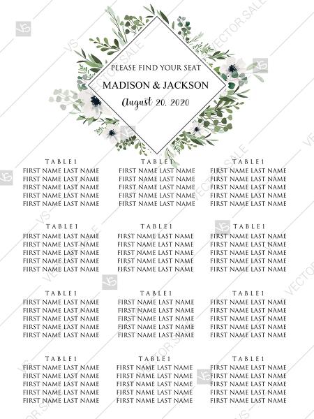 Wedding - Seating Chart template watercolor greenery herbal and white anemone PDF 18x24 in edit online