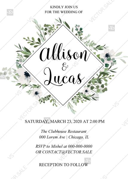 Hochzeit - Wedding invitation watercolor greenery herbal and white anemone PDF 5x7 in edit online