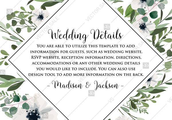 Hochzeit - Wedding details card watercolor greenery herbal and white anemone PDF 5x3.5 in edit online