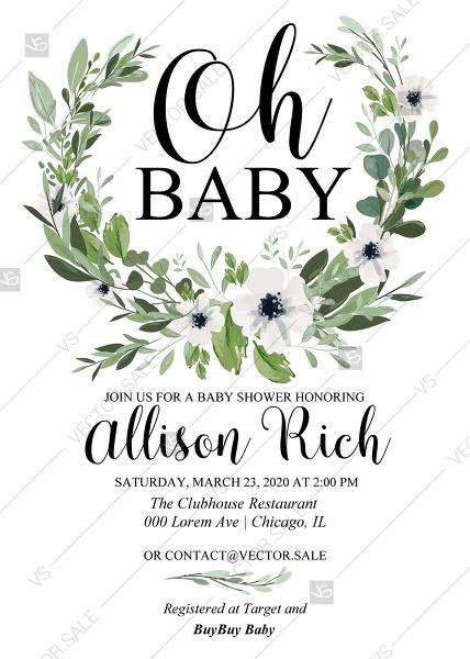 Hochzeit - Baby shower invitation watercolor greenery herbal and white anemone PDF 5x7 in edit online