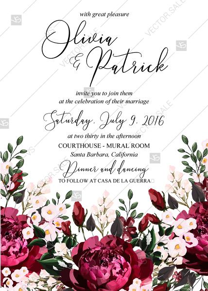 Свадьба - Marsala peony wedding Invitation bohemian burgundy greenery PDF 5x7 in online editor