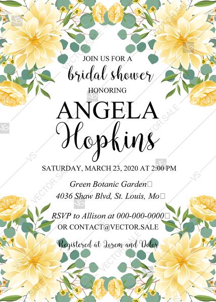Hochzeit - Bridal shower wedding invitation dahlia yellow chrysanthemum flower eucalyptus card PDF template 5x7 in edit online