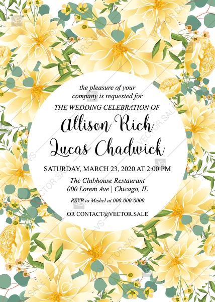 Mariage - Engagement wedding invitation dahlia yellow chrysanthemum flower eucalyptus card PDF template 5x7 in edit online