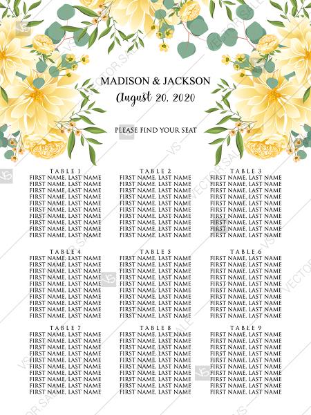 Hochzeit - Seating chart wedding dahlia yellow chrysanthemum flower eucalyptus card PDF template 18x24 in edit online