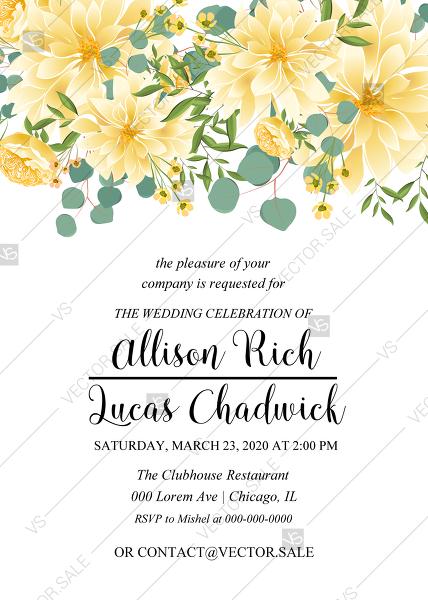 Wedding - Engagement wedding party invitation dahlia yellow chrysanthemum flower eucalyptus card PDF template 5x7 in edit online