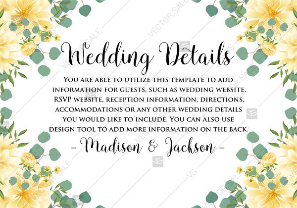 زفاف - Wedding details card dahlia yellow chrysanthemum flower eucalyptus card PDF template 5x3.5 in edit online