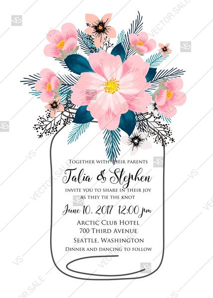 Wedding - Romantic blush pink peony bouquet mason jar bride wedding invitation template design PDF 5x7 in online editor