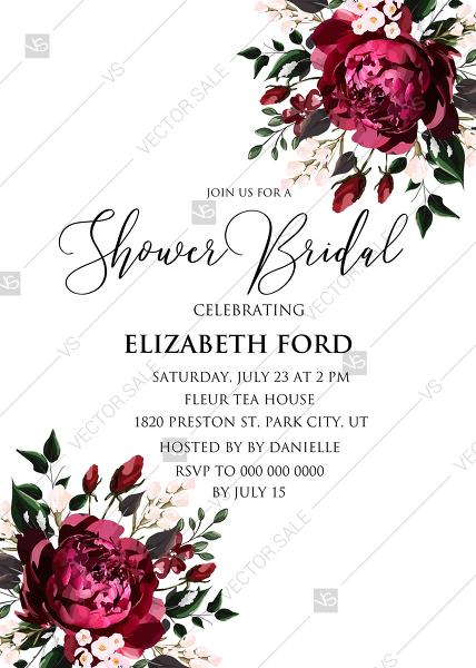 Hochzeit - Marsala dark red peony wedding invitation greenery burgundy floral PDF 5x7 in Customize online cards