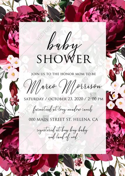 Свадьба - Baby shower invitation marsala dark red peony wedding greenery burgundy floral PDF 5x7 in Customize online cards