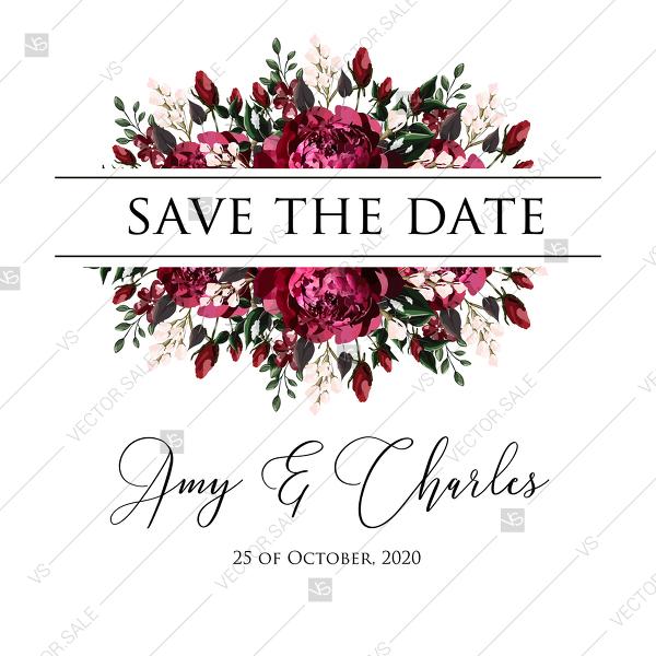 Wedding - Marsala dark red peony wedding invitation greenery Save the date PDF 5.25x5.25 in Customize online cards