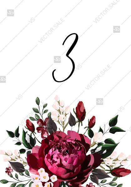 Hochzeit - Table card Marsala dark red peony wedding invitation greenery burgundy floral PDF 3.5x5 in Customize online