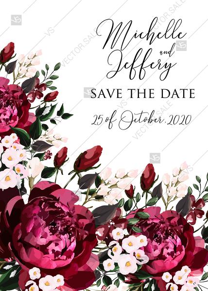 Mariage - Save the date Marsala peony wedding invitation greenery burgundy floral PDF 5x7 in Customize online cards